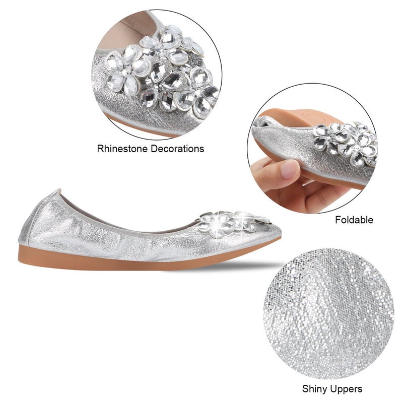KUNWFNIX Women Ballet Flats Rhinestone Wedding Ballerina Shoes Foldable Sparkly Comfort Slip on Flat Shoes - Image 3